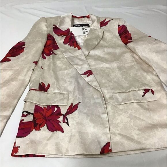 Zara Floral Print Satin Effect Open Blazer New Size Medium - Picture 6 of 16